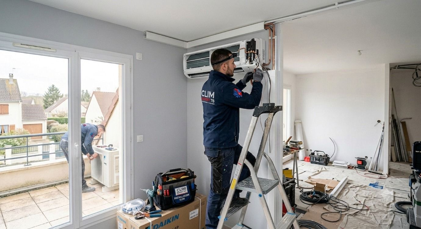 Technicien Clim Expert 78 devant une maison des Yvelines équipée d'une climatisation